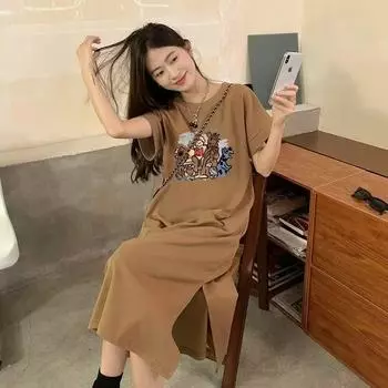 Футболка-платье для женщин больших размеров, летняя одежда для миниатюрных, свободная и стройнящая длинная юбка M чёрный