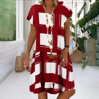 Футболка платье клетчатое мягкое женское V-образный вырез короткий рукав платье для свиданий XL красный