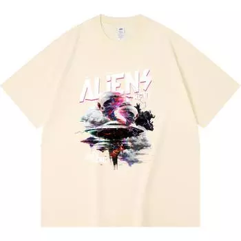 Футболка плотностью 230 г/м2 из 100% хлопка с принтом Aliens Exist, забавная футболка из чесаного хлопка в стиле Харадзюку XS абрикосовый