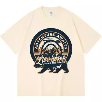 Футболка плотностью 230 г/м2 из 100% хлопка с принтом «Приключения ждут вас на открытом воздухе» Футболка с забавным принтом в стиле Харадзюку из чесаного хлопка XS абрикосовый
