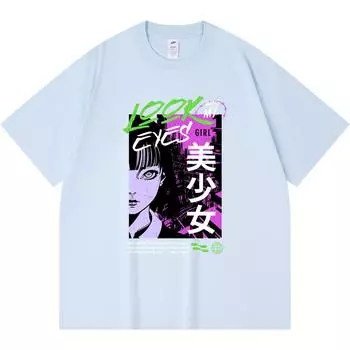 Футболка плотностью 230 г/м2 из 100% хлопка с принтом «Посмотри мне в глаза» в японском стиле с аниме-принтом для девочек, забавная футболка из чесаного хлопка в стиле Харадзюку XS абрикосовый