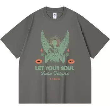 Футболка плотностью 230 г/м2 из 100% хлопка с принтом «Пусть твоя душа полетит» Футболка с забавным принтом в стиле Харадзюку из чесаного хлопка XS абрикосовый