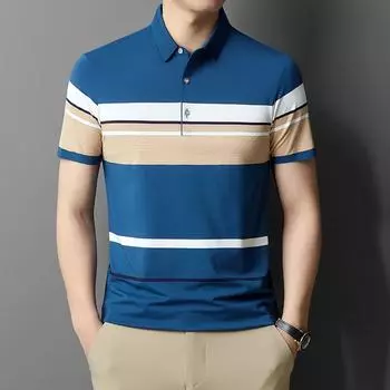 Футболка-поло для папы с короткими рукавами из чистого хлопка контрастного цвета, машинная стирка, в полоску, свободная, с отворотом M