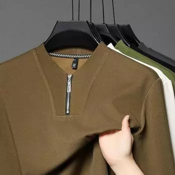 Футболка-поло мужская с длинным рукавом, однотонная, с лацканами, средняя свободная, трендовая футболка, нижняя часть рубашки M