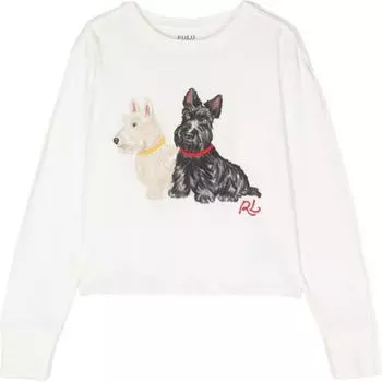 Футболка Polo Ralph Lauren FW24 с принтом собаки, вышитым логотипом, круглым вырезом, длинными рукавами, детская футболка белого цвета 312951031-001 M