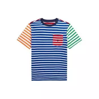 Футболка Polo Ralph Lauren в полоску с вышитым логотипом, круглым вырезом, коротким рукавом, детские топы, синяя 323926790-001 L