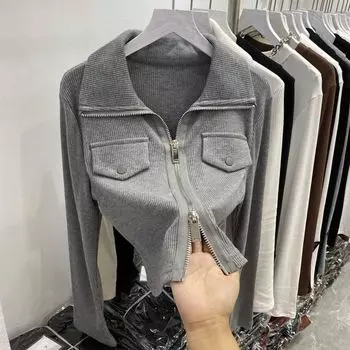 Футболка-поло с длинным рукавом, женский весенний кардиган нового дизайна, облегающий верх с низом M чёрный