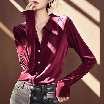 Футболка-поло с длинными рукавами из бархата для женщин, весенний новый стиль, однотонный топ S