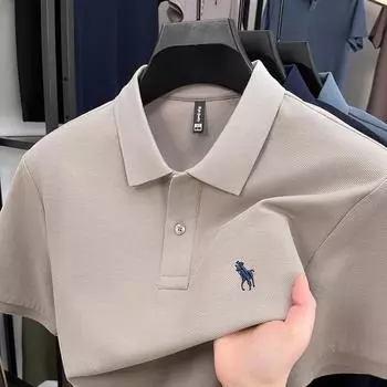 Футболка-поло с короткими рукавами из жемчужного хлопка, мужская, высококачественная, из чистого хлопка, повседневная, с коротким рукавом и вышитым логотипом пони на лацкане M бежевый