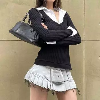 Футболка-поло в стиле колледжа с воротником-поло, в стиле пэчворк, из двух частей, с длинными рукавами, для женщин, облегающего кроя и утягивающим эффектом, а также базовый топ S чёрный