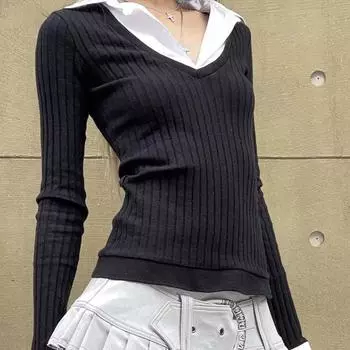 Футболка-поло в стиле колледжа с воротником-поло, в стиле пэчворк, из двух частей, с длинными рукавами, для женщин, облегающего кроя и утягивающим эффектом, а также базовый топ S чёрный