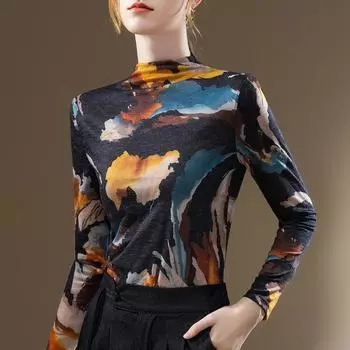 Футболка-полуводолазка для женщин, новая женская футболка с длинными рукавами и принтом в стиле ретро, топ с внутренней частью талии S