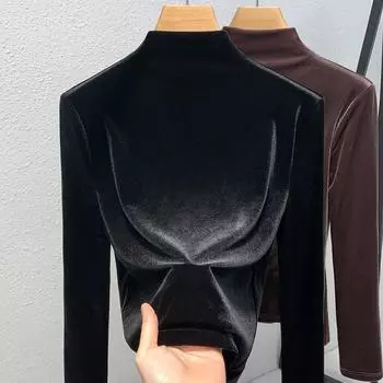 Футболка-полуводолазка для женщин, новая женская однотонная бархатная футболка с длинными рукавами, термобелье с внутренней талией S чёрный