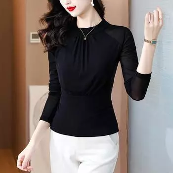 Футболка-полуводолазка с сетчатой основой для женщин, осенний новый стиль, облегающий талию и утягивающий внутренний пуловер, футболка с длинными рукавами M чёрный