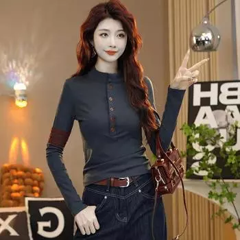 Футболка-полуводолазка в иностранном стиле, женская зимняя, новая модная универсальная, тонкая, с длинными рукавами, футболка-топ S