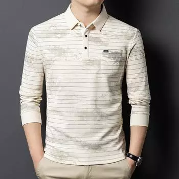 Футболка-пуловер с длинным рукавом для мужчин, повседневная, трендовая, с принтом, с лацканами, поло M