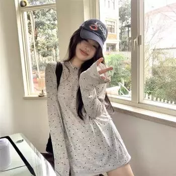 Футболка-пуловер с круглым вырезом и длинными рукавами в горошек, женская, новая, осенняя, свободная, повседневная, студенческая, с разрезом M