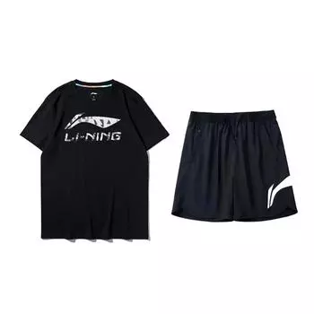 Футболка-пуловер с круглым вырезом и коротким рукавом с принтом логотипа Li Ning, свободная, удобная, универсальная, шорты, повседневный спортивный комплект AHST791-1+YKSV197-2 L