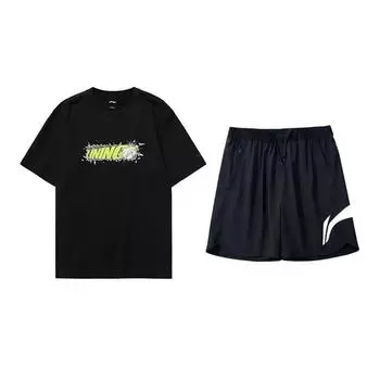 Футболка пуловер с круглым вырезом и коротким рукавом с принтом логотипа Li Ning, модная, свободная, удобная, универсальная, шорты, повседневный спортивный комплект AHSUA03-2+YKSV197-2 L