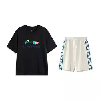 Футболка-пуловер с круглым вырезом и короткими рукавами с принтом логотипа Li Ning, удобная, универсальная, приятная к коже, шорты, повседневный спортивный комплект AHSVD61-2+YKSV129-1 S