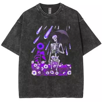 Футболка-пуловер с круглым вырезом и принтом черепа в уличном стиле в стиле хип-хоп, в старом нейтральном стиле, с коротким рукавом, летняя, свободного размера S