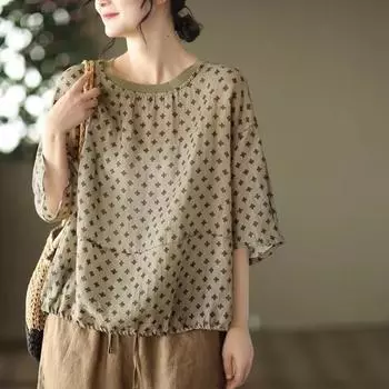 Футболка-пуловер с принтом «Летний темперамент» из хлопка и льна, женская свободная, облегающая, с круглым вырезом и рукавами средней длины, большого размера, женская футболка XXXXL чёрный