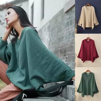 Футболка-пуловер в стиле ретро для женщин из хлопка и льна в национальном стиле с V-образным вырезом и принтом «летучая мышь» на весну и осень One size вино красного