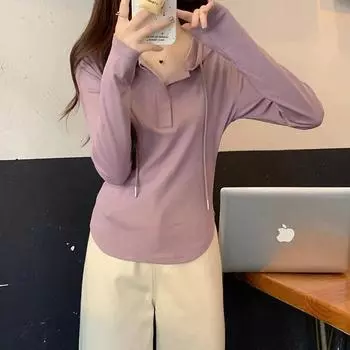 Футболка Pure Desire Hot Girl Style с укороченной талией, женская рубашка поло с капюшоном, осенний облегающий топ с длинными рукавами и закругленным подолом на правом плече S