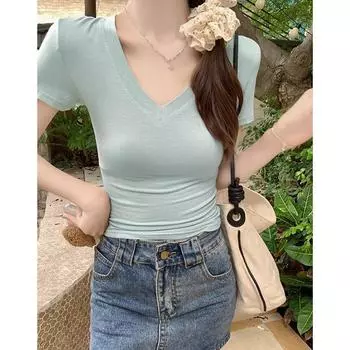 Футболка Pure desire с глубоким вырезом и открытыми ключицами, с короткими рукавами, для женщин, летняя, новая, облегающая, утягивающая, простая, повседневная, модная, с короткими рукавами S