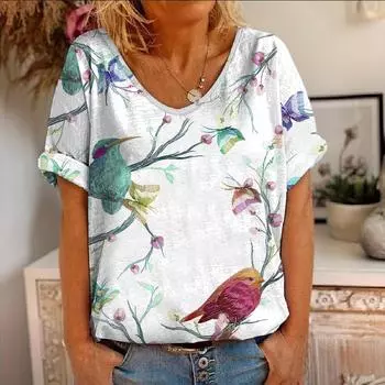 Футболка размера 7XL Plus, летняя футболка с цветочным принтом, птицами, животными, 3D-принтом, женские футболки с цветами и V-образным вырезом, уличная одежда, женские футболки, топы Harajuku Y2k Cool Girls 7XL