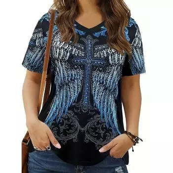 Футболка размера плюс с 3D-растительным принтом, шикарная, яркая, с коротким рукавом, на весну и лето, удобная, повседневная, женская, для пышных форм, модная одежда S