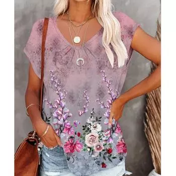Футболка размера плюс с V-образным вырезом, женские повседневные футболки с коротким рукавом, винтажные свободные футболки с цветочным принтом 3D 6XL розовый