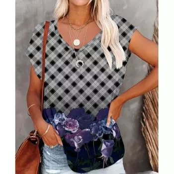 Футболка размера плюс с V-образным вырезом, женские повседневные футболки с коротким рукавом, винтажные свободные футболки с цветочным принтом 3D 6XL светло-серый
