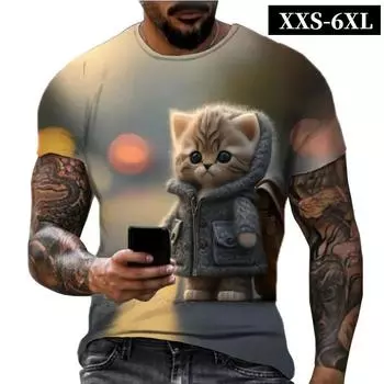 Футболка размера XXS-6XL для мужчин, 3D-принт с изображением кошек, собак, забавных животных, летние модные повседневные топы с круглым вырезом XXS