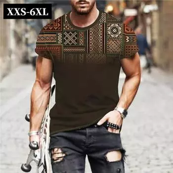 Футболка размера XXS-6XL Plus для мужской одежды, винтажная футболка с этническим узором, летние свободные топы унисекс с коротким рукавом и круглым вырезом XXS