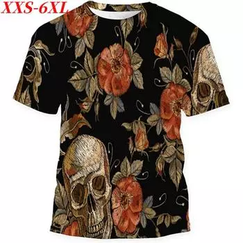 Футболка размера XXS-6XL Plus, мужская футболка с рисунком черепа и розы в стиле ретро, летняя мода, повседневные футболки с коротким рукавом, топы с 3D-принтом XXS