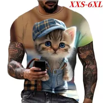 Футболка размера XXS-6XL с 3D-принтом, кошка, собака, мужская футболка с забавным принтом животных, летние модные повседневные топы с круглым вырезом, футболка XXS