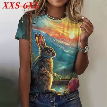 Футболка размера XXS-6XL с рисунком кролика, женская футболка с забавным принтом животных в 3D, летняя повседневная футболка с короткими рукавами, топы XXS