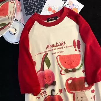 Футболка реглан с интересным фруктовым мультяшным принтом для мужчин и женщин. Летняя модная тенденция. Повседневный удобный топ из чистого хлопка для пар с короткими рукавами Harajuku. M красный/абрикосовый