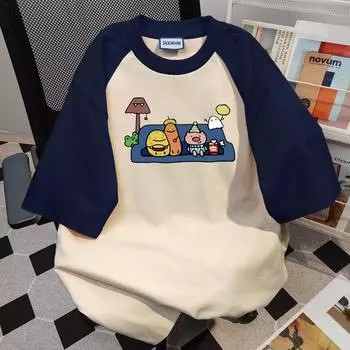 Футболка реглан с принтом Good Friends для мужчин и женщин, летняя модная тенденция, повседневный удобный топ из чистого хлопка для пар, топ с короткими рукавами Harajuku S синий/абрикосовый