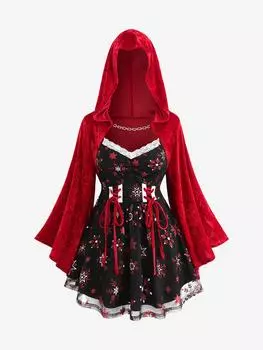 Футболка Rosegal Christmas Plus Size с цепочкой, шнуровкой, кружевной отделкой, рюшами и принтом снежинок, с капюшоном 3XL красный