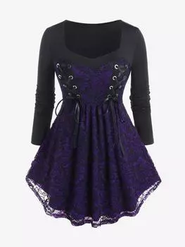 Футболка Rosegal Gothic Lace Panel со шнуровкой и расклешенным верхом 4XL глубокий/фиолетовый