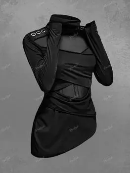Футболка Rosegal Gothic Mesh Panel Surplice с высоким воротом и асимметричным вырезом 2XL чёрный