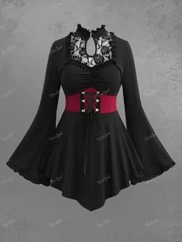 Футболка Rosegal Gothic с цветочным кружевом, шнуровкой, рюшами, расклешенными рукавами, асимметричным корсетом XL чёрный