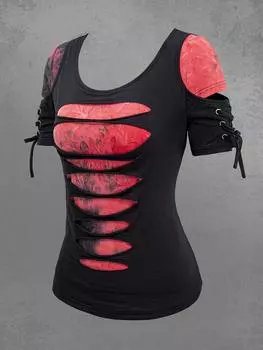 Футболка Rosegal Gothic Tie Dye Ripped Lace Up 2 в 1 с короткими рукавами XL красный