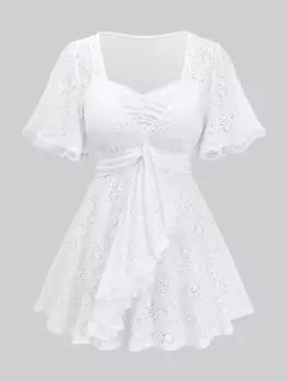 Футболка Rosegal Plus Size с цветочной вышивкой, ажурной отделкой, оборками и салатовыми оборками XL белый