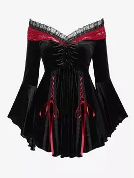 Футболка Rosegal Plus Size со шнуровкой, присборенной кружевной отделкой, бархатными расклешенными рукавами L чёрный