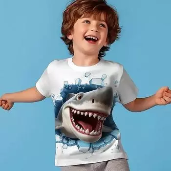 Футболка с 3D-акулой для мальчиков, короткий рукав, 3D-принт, летняя, активная, спортивная, модная, из полиэстера, детская, с круглым вырезом, для активного отдыха, повседневная, повседневная, обычная 110 коричневый