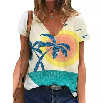 Футболка с 3D-цифровой печатью, женская футболка в уличном стиле с V-образным вырезом S