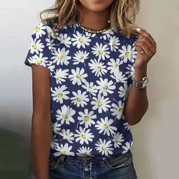 Футболка с 3D-цветочным принтом для женщин, новые футболки с круглым вырезом и коротким рукавом, женский повседневный пуловер для женщин, модные уличные топы XXS